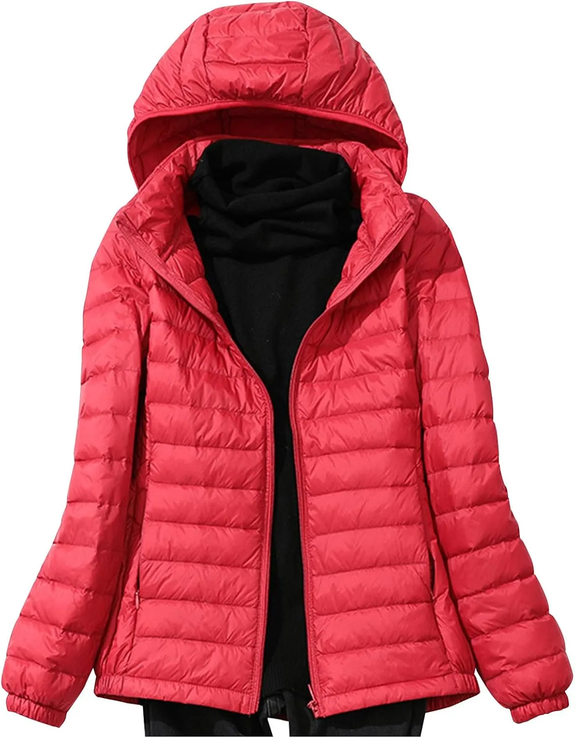 Quilted Jacket Womens With Detachable Hood 2024 Ultra Light Weight Zipper Long Sleeve Down Coat Winter Puffer Jackets