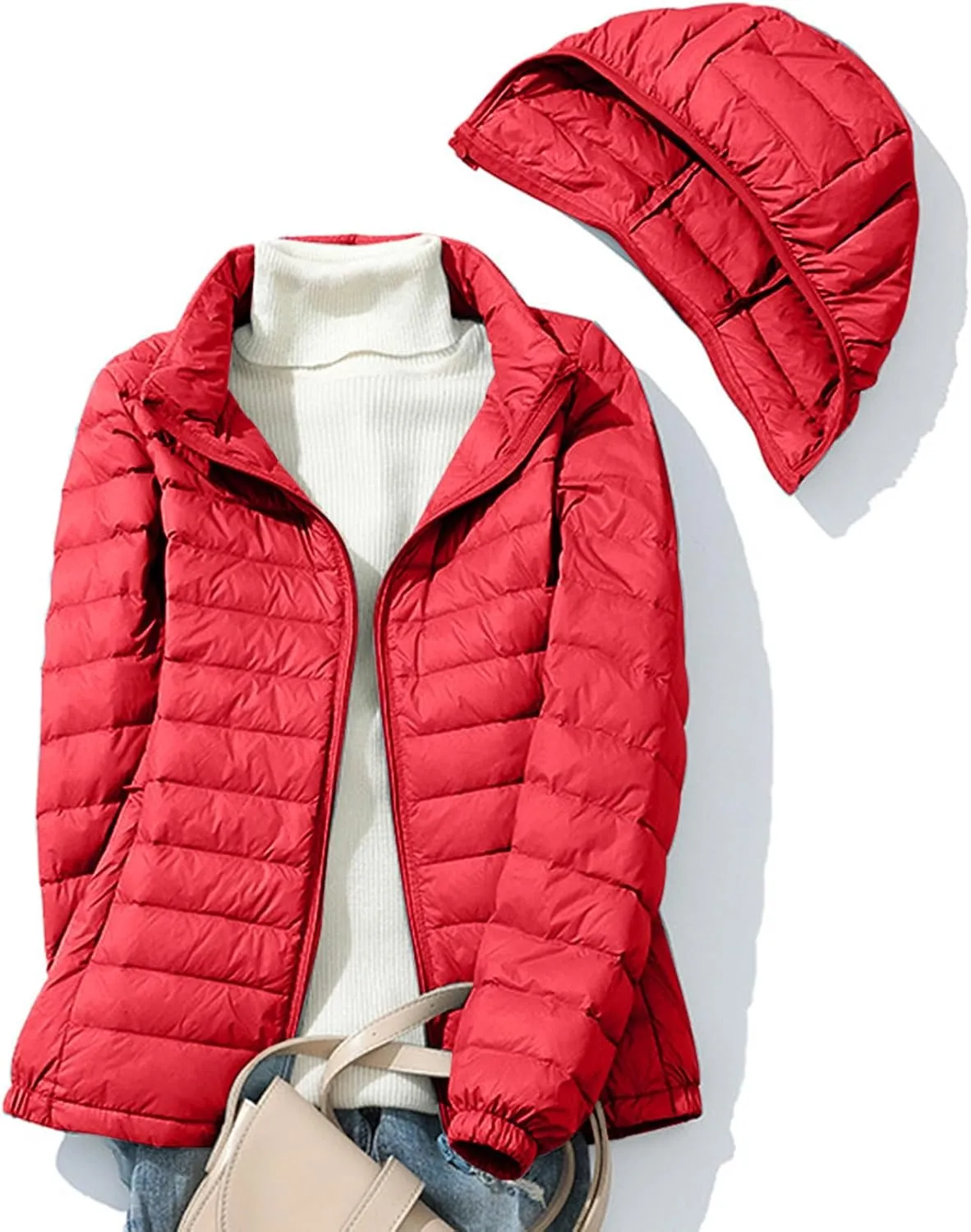 Quilted Jacket Womens With Detachable Hood 2024 Ultra Light Weight Zipper Long Sleeve Down Coat Winter Puffer Jackets