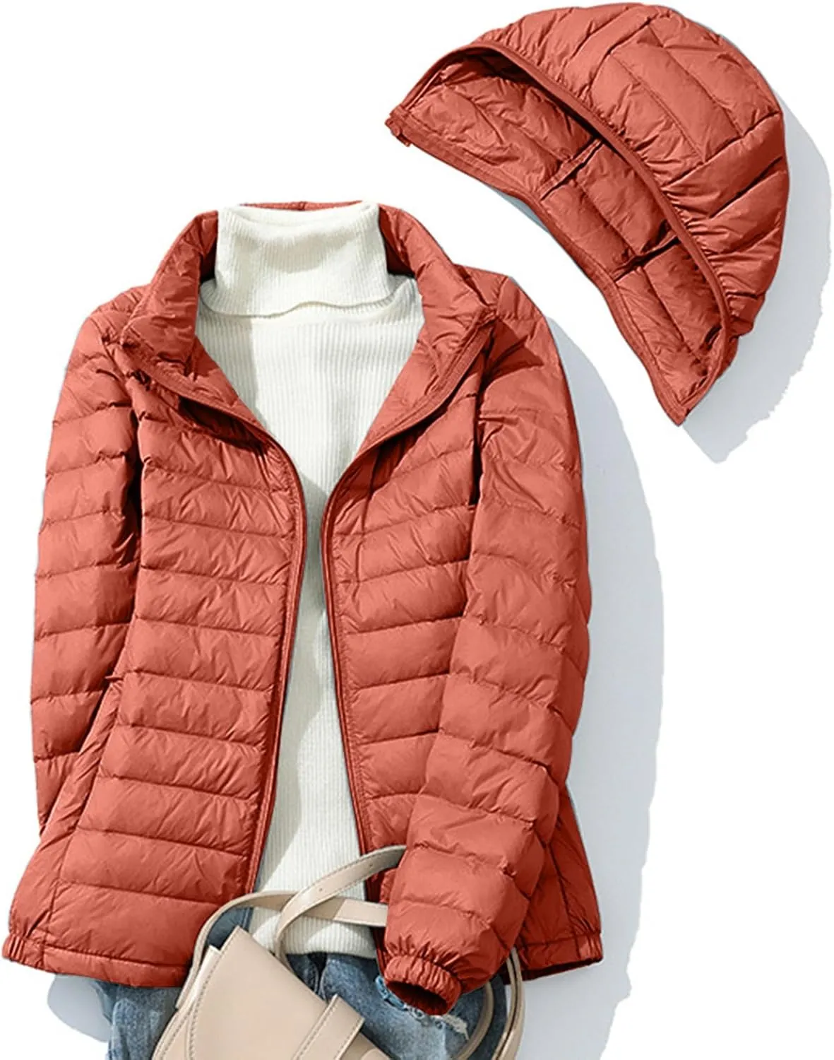 Quilted Jacket Womens With Detachable Hood 2024 Ultra Light Weight Zipper Long Sleeve Down Coat Winter Puffer Jackets
