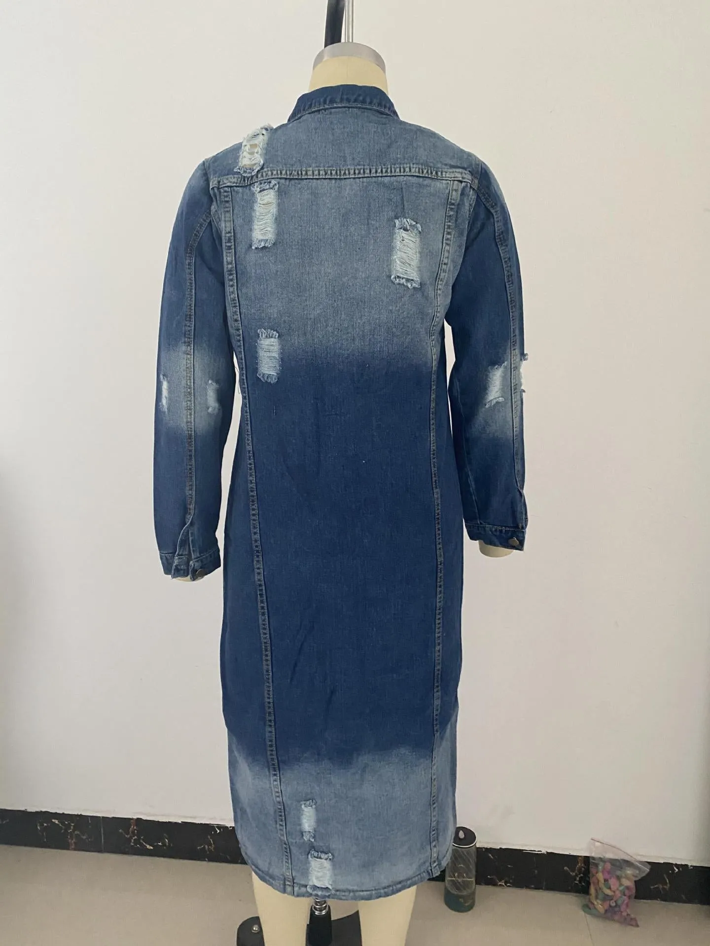 Ripped denim jacket denim long trench coat （AY1287）