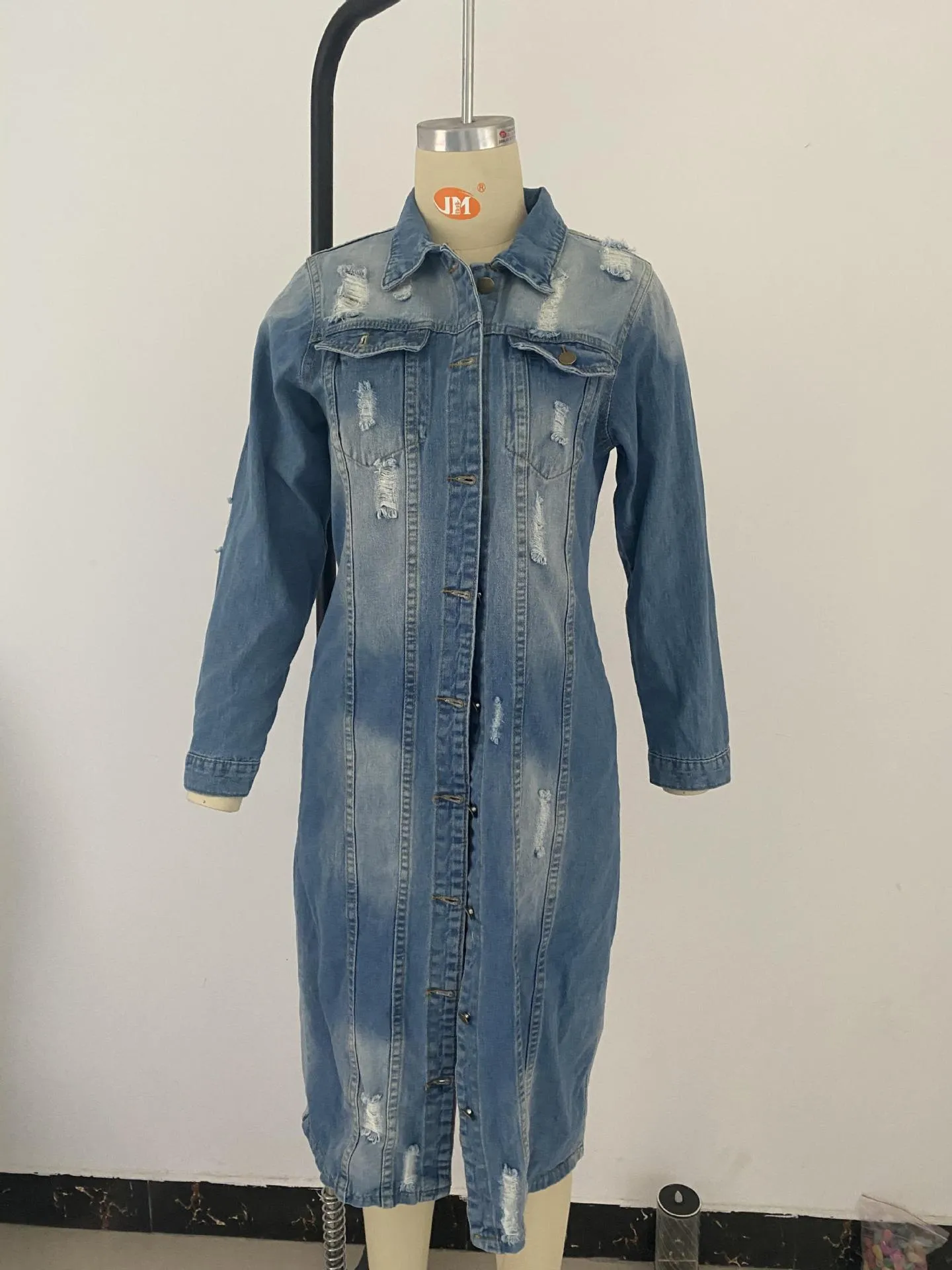 Ripped denim jacket denim long trench coat （AY1287）