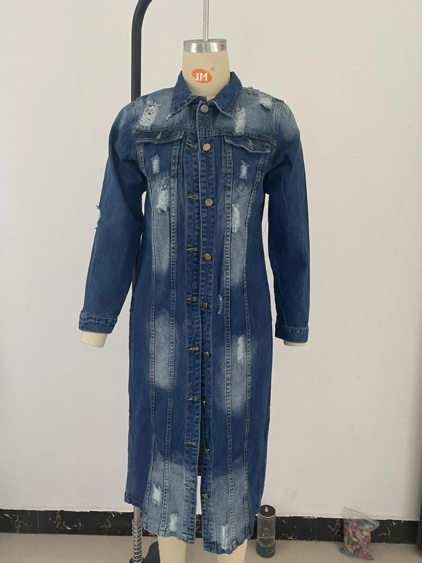 Ripped denim jacket denim long trench coat （AY1287）