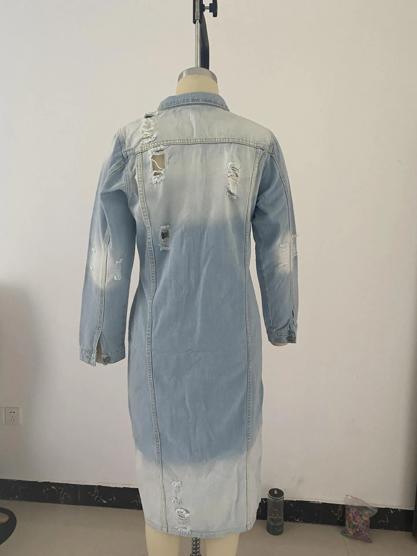 Ripped denim jacket denim long trench coat （AY1287）