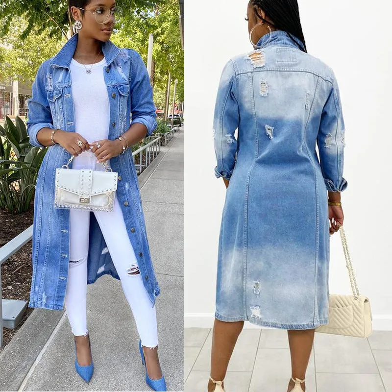 Ripped denim jacket denim long trench coat （AY1287）
