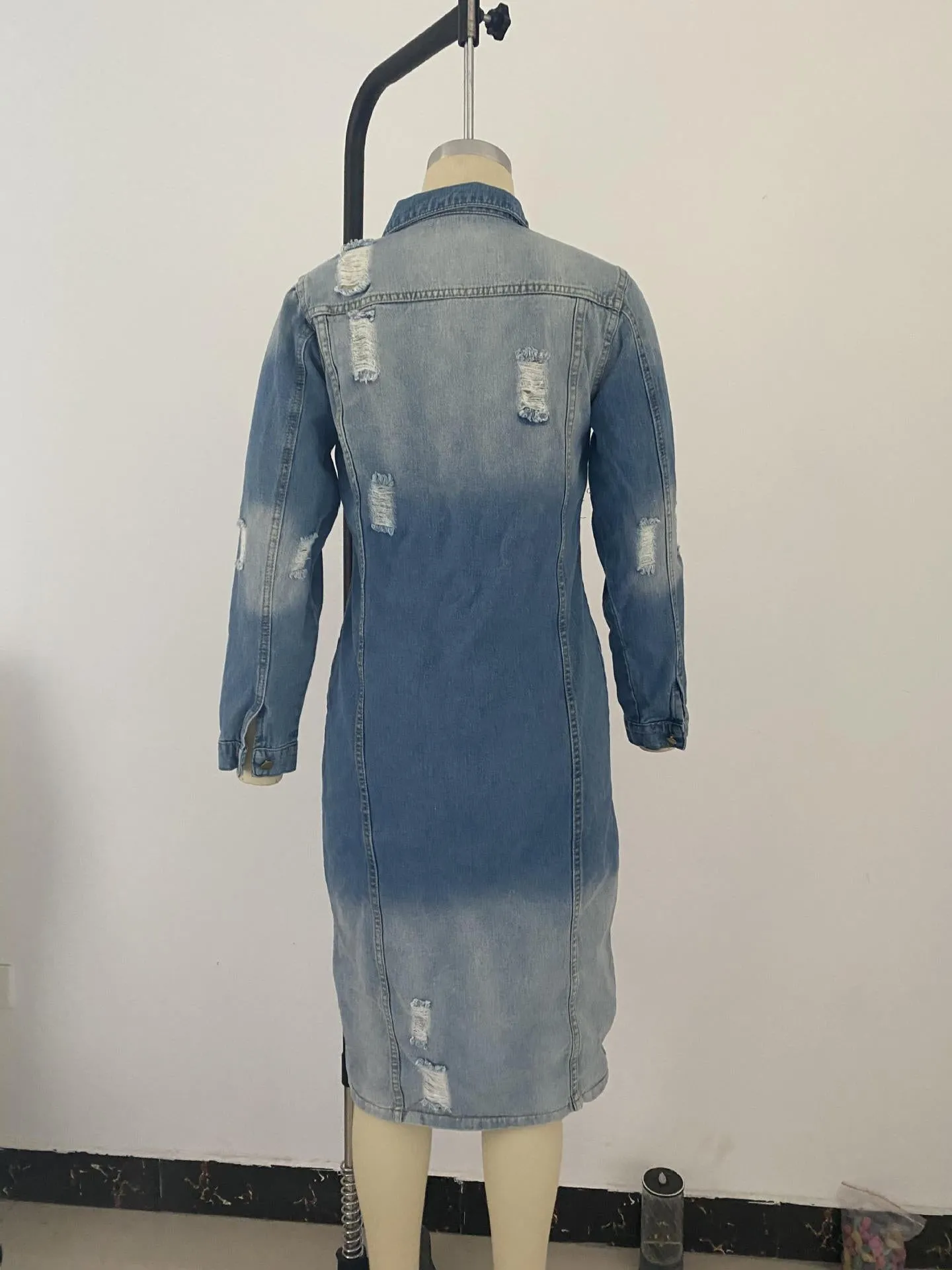 Ripped denim jacket denim long trench coat （AY1287）