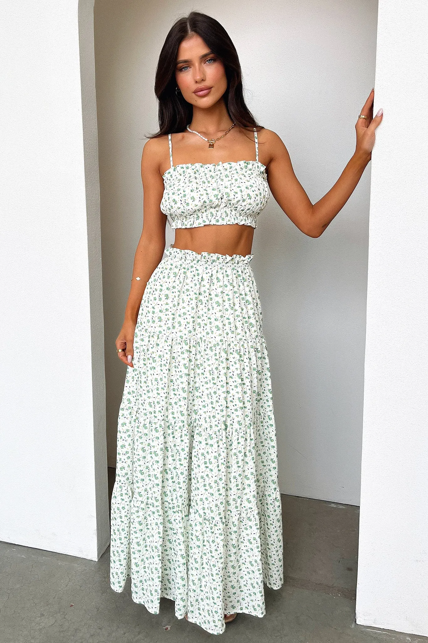 Selina Tiered Maxi Skirt - Green Floral