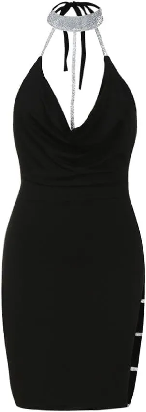 Sexy Deep Dress Neck Sequin Halter V Slit Bodycon Mini Backless Choker Womens Women's Dress Dresses Plus Size