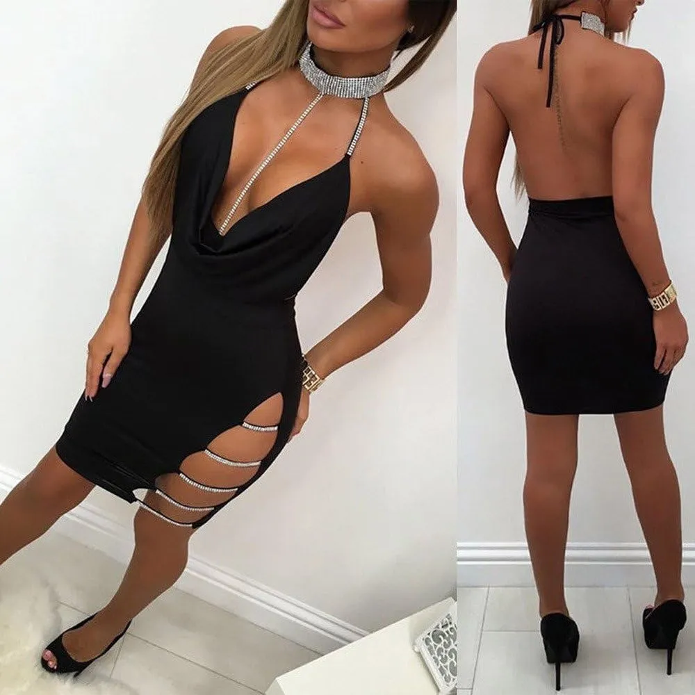 Sexy Deep Dress Neck Sequin Halter V Slit Bodycon Mini Backless Choker Womens Women's Dress Dresses Plus Size
