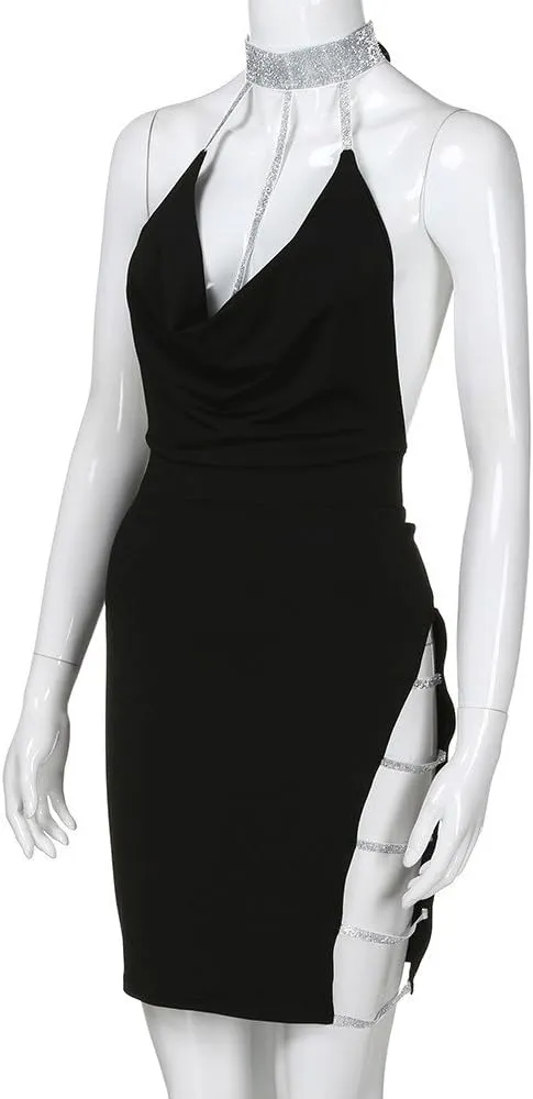 Sexy Deep Dress Neck Sequin Halter V Slit Bodycon Mini Backless Choker Womens Women's Dress Dresses Plus Size