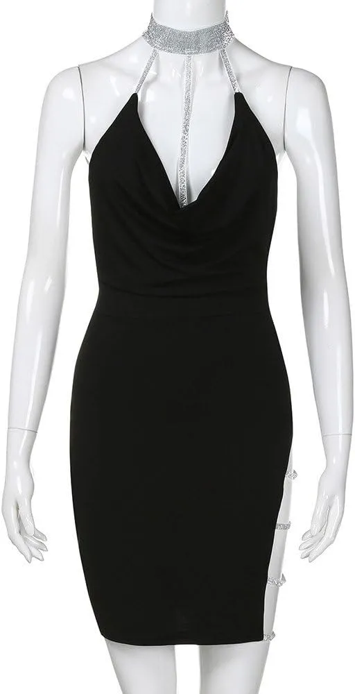 Sexy Deep Dress Neck Sequin Halter V Slit Bodycon Mini Backless Choker Womens Women's Dress Dresses Plus Size