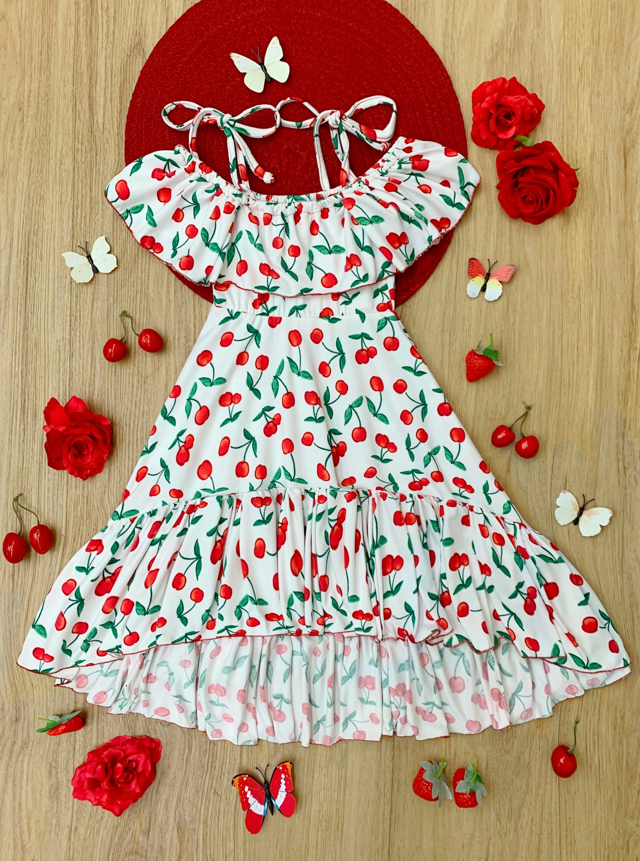 Spring So Sweet Cherry Print Cold Shoulder Maxi Sundress