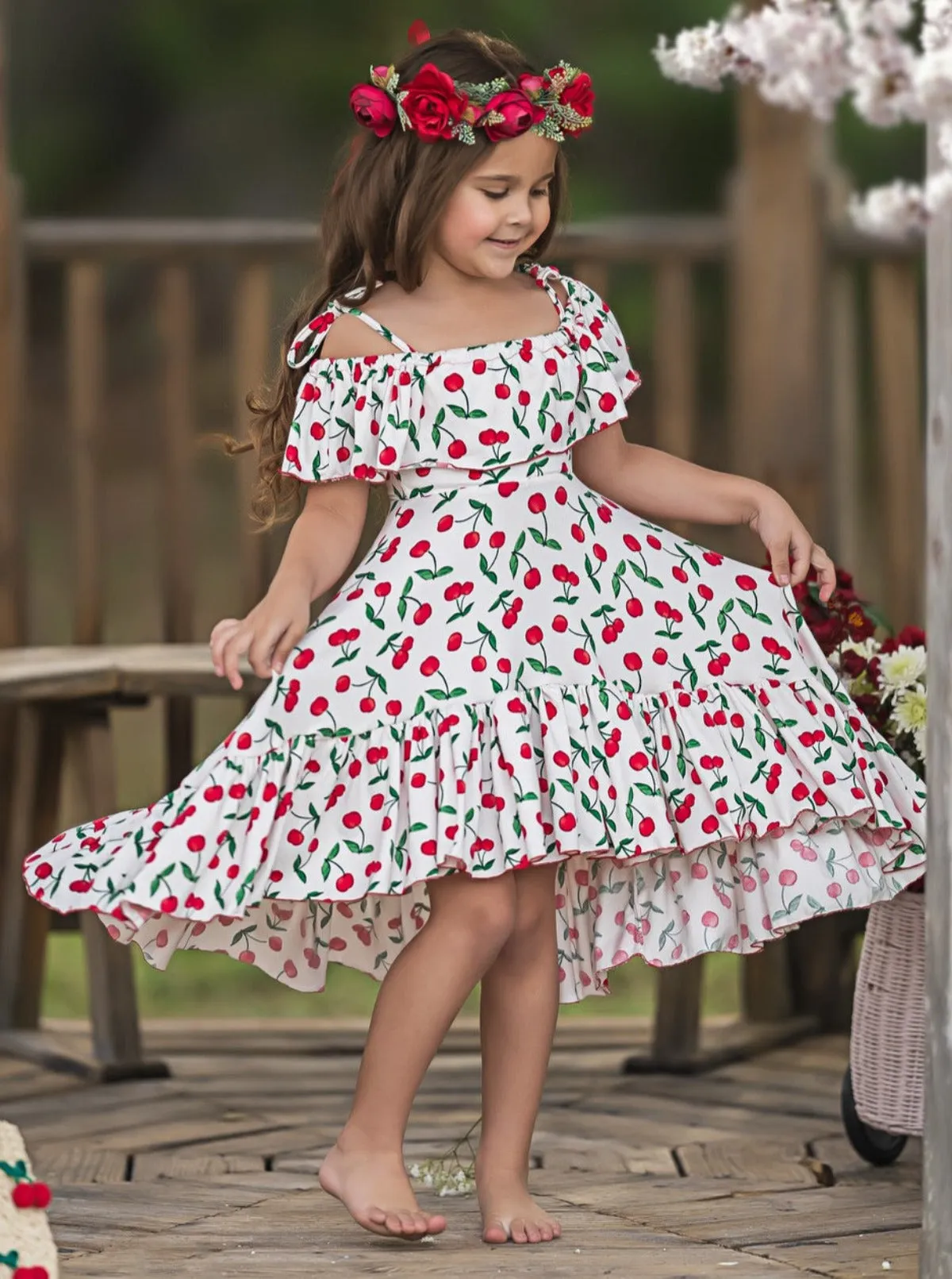 Spring So Sweet Cherry Print Cold Shoulder Maxi Sundress