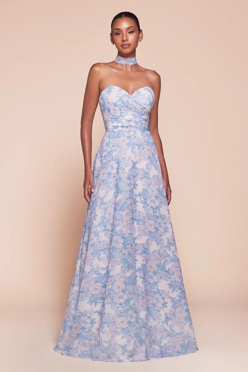 STRAPLESS A-LINE FLORAL SATIN DRESS CD7443