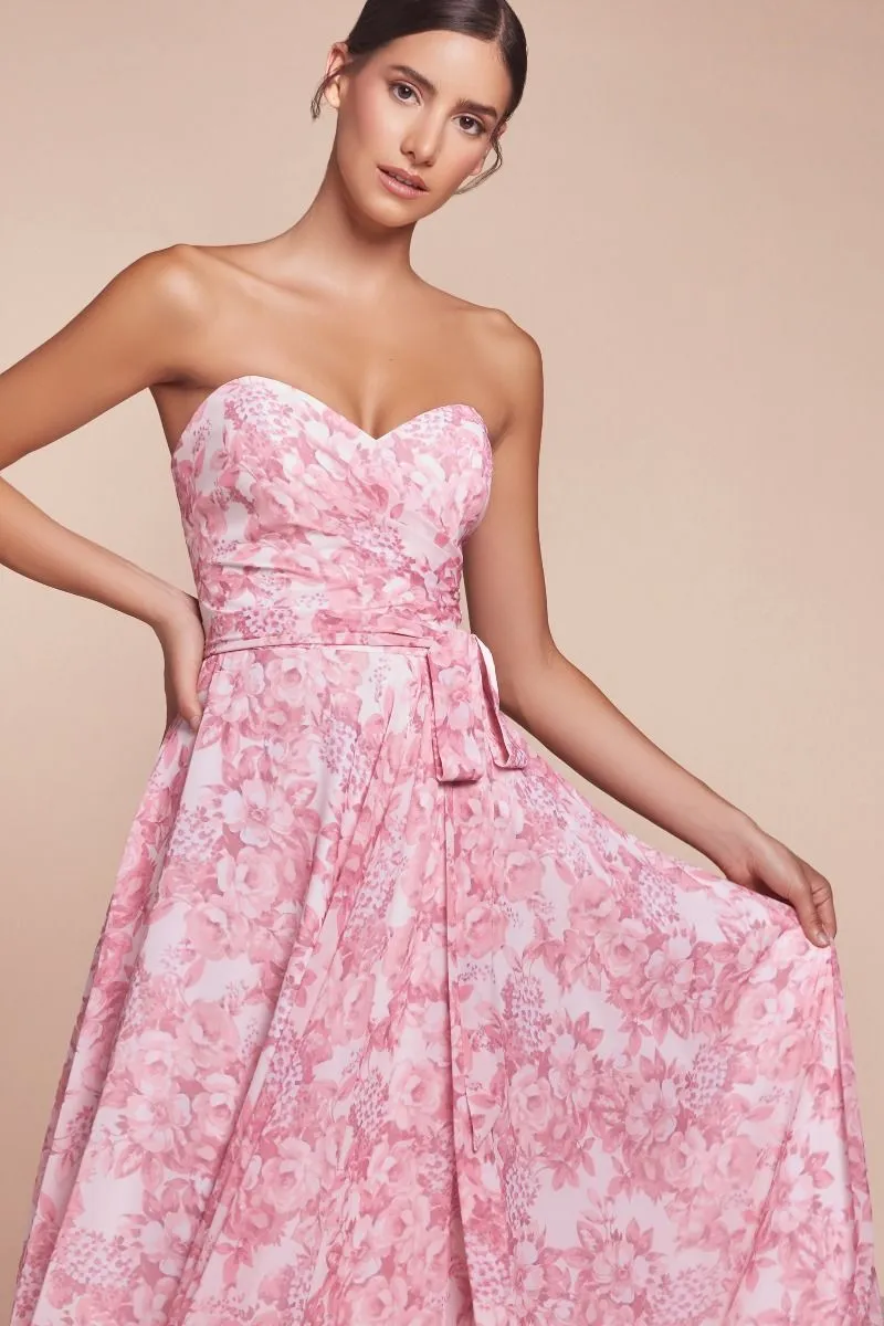 STRAPLESS A-LINE FLORAL SATIN DRESS CD7443
