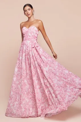 STRAPLESS A-LINE FLORAL SATIN DRESS CD7443