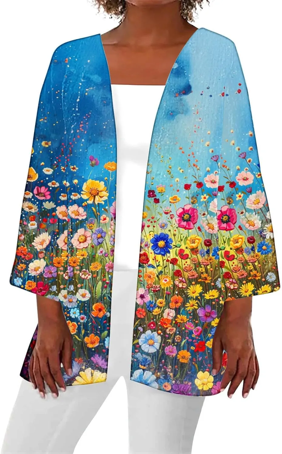 Summer 3/4 Sleeve Cardigans for Women Fashion Floral Oil Printing Cardigan Lightweight Casual Loose Fit Cover Up Top