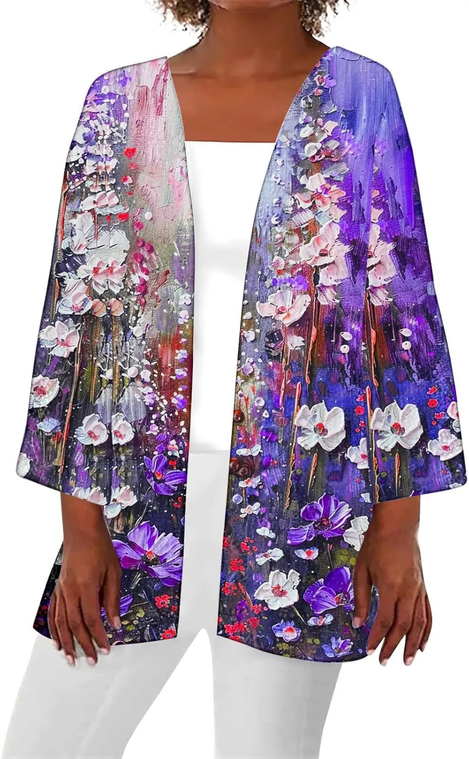Summer 3/4 Sleeve Cardigans for Women Fashion Floral Oil Printing Cardigan Lightweight Casual Loose Fit Cover Up Top