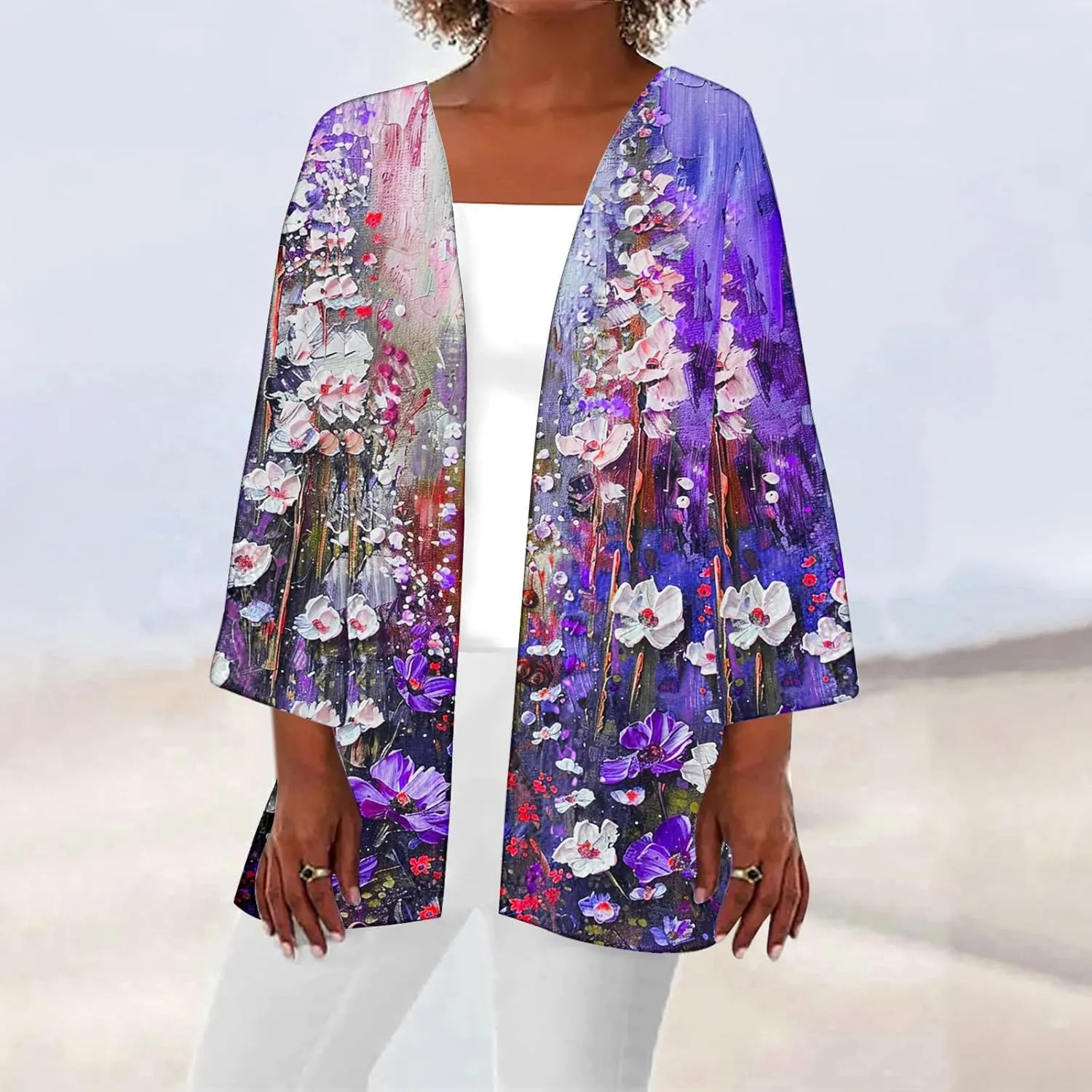 Summer 3/4 Sleeve Cardigans for Women Fashion Floral Oil Printing Cardigan Lightweight Casual Loose Fit Cover Up Top