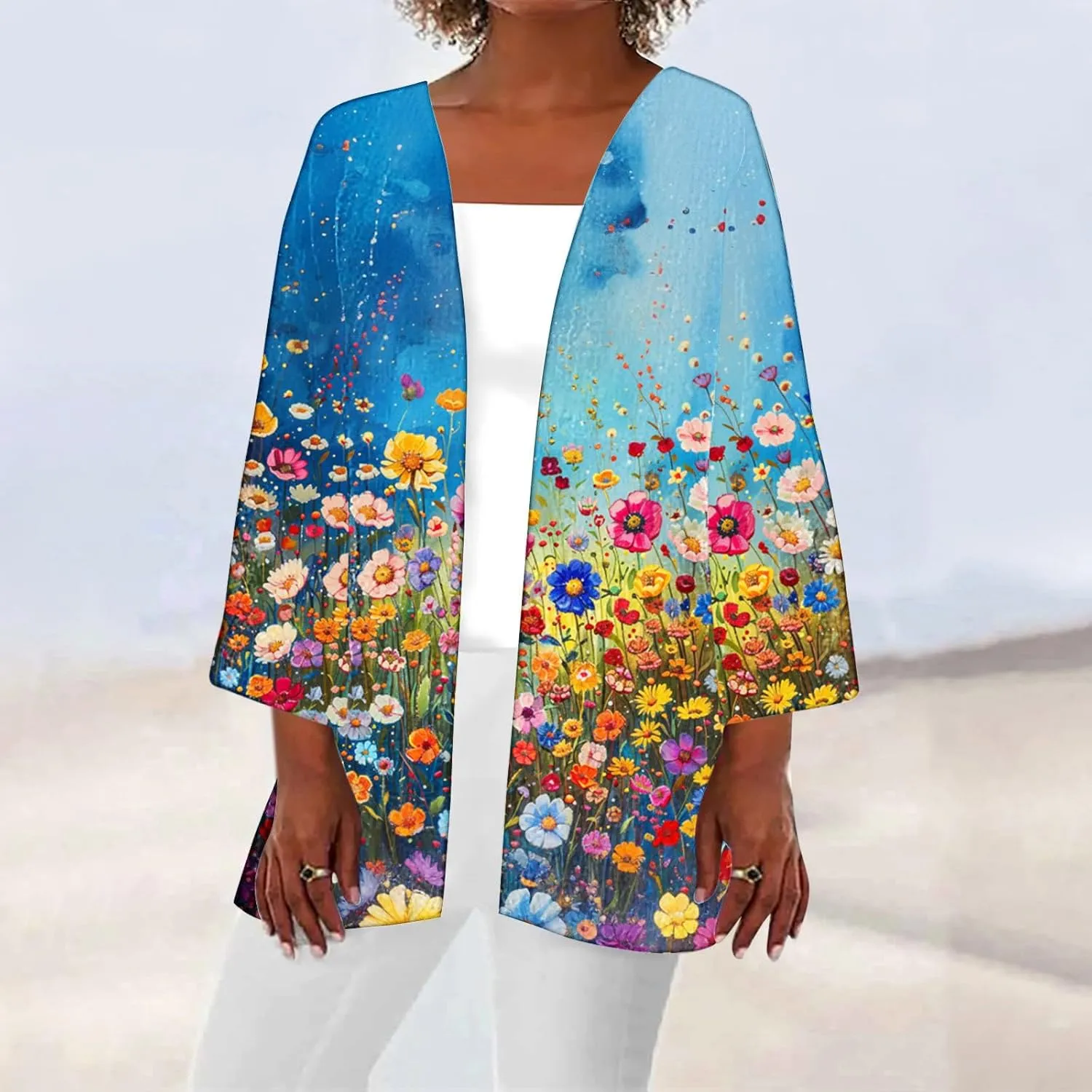 Summer 3/4 Sleeve Cardigans for Women Fashion Floral Oil Printing Cardigan Lightweight Casual Loose Fit Cover Up Top