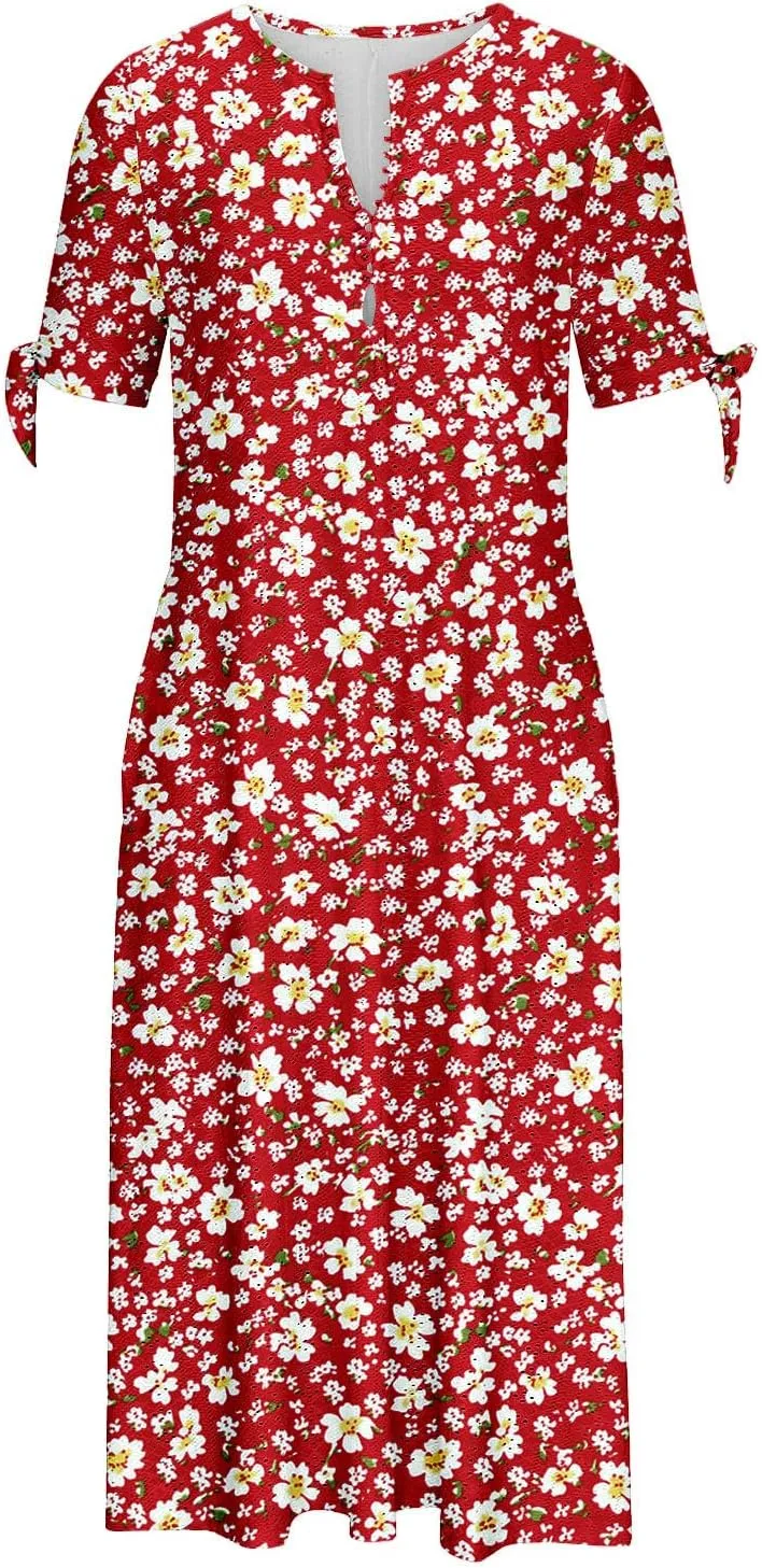 Summer Dresses for Women Floral Midi Dress Casual Loose Fit Short Sleeve V Neck Vacation Comfy Outfits