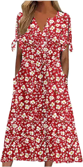 Summer Dresses for Women Floral Midi Dress Casual Loose Fit Short Sleeve V Neck Vacation Comfy Outfits