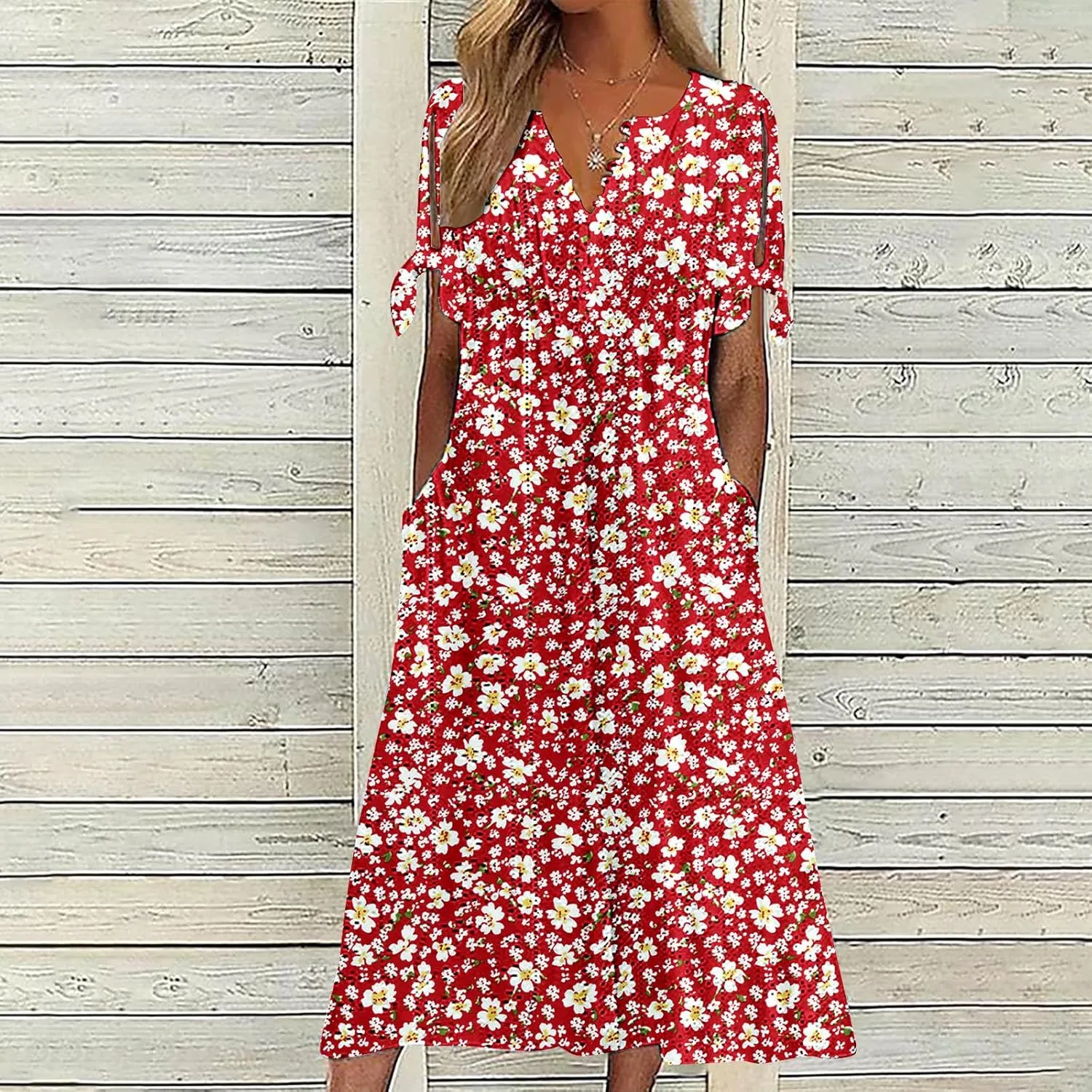 Summer Dresses for Women Floral Midi Dress Casual Loose Fit Short Sleeve V Neck Vacation Comfy Outfits