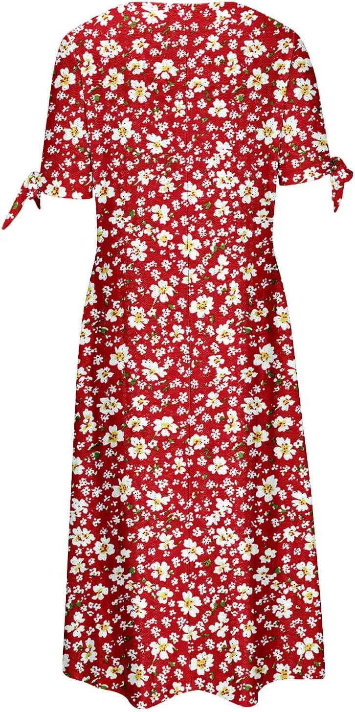 Summer Dresses for Women Floral Midi Dress Casual Loose Fit Short Sleeve V Neck Vacation Comfy Outfits