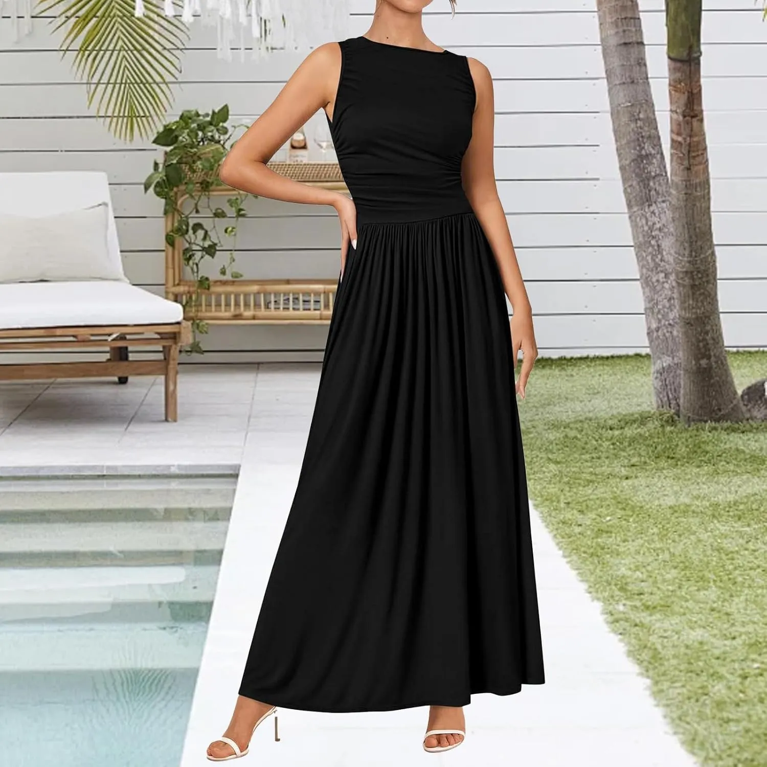 Summer Maxi Dresses for Women Sleeveless Casual Ruched Tank Long Dress A Line Flowy Beach Sundress