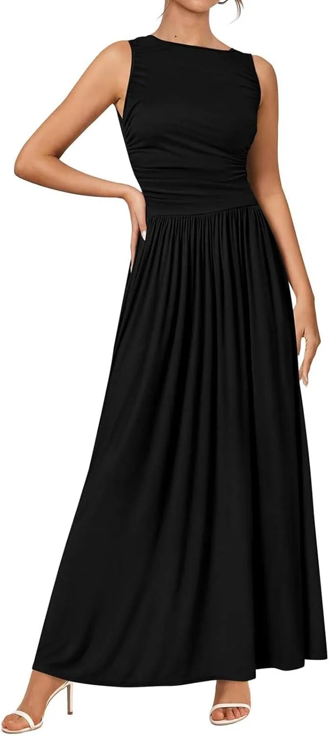 Summer Maxi Dresses for Women Sleeveless Casual Ruched Tank Long Dress A Line Flowy Beach Sundress