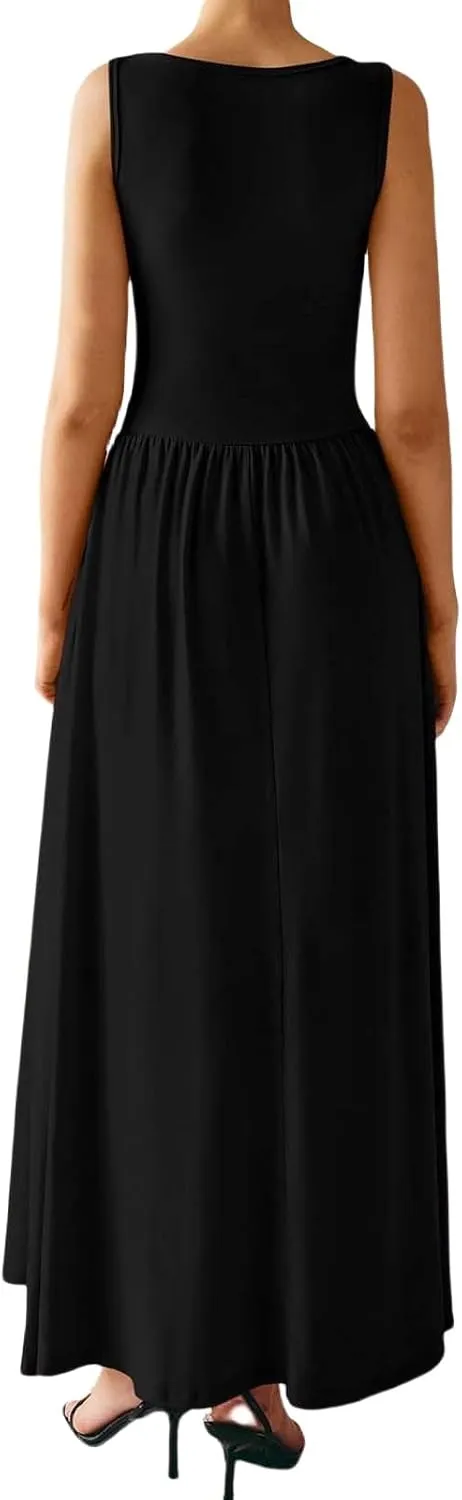 Summer Maxi Dresses for Women Sleeveless Casual Ruched Tank Long Dress A Line Flowy Beach Sundress