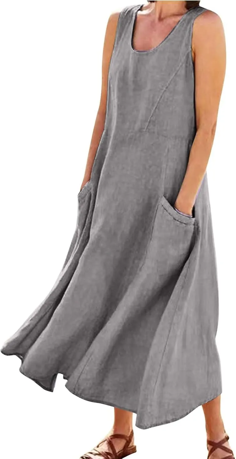 Sundresses for Women 2024 Casual Cotton Linen Maxi Dresses with Pockets Loose Solid Sun Dress Plus Size Summer Dress