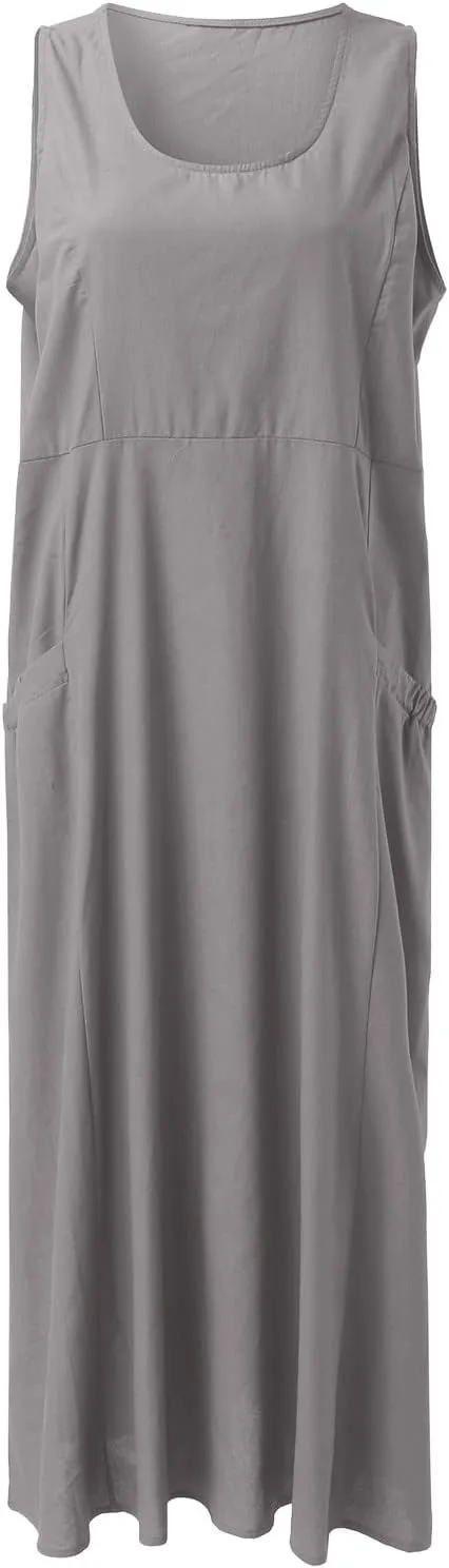 Sundresses for Women 2024 Casual Cotton Linen Maxi Dresses with Pockets Loose Solid Sun Dress Plus Size Summer Dress