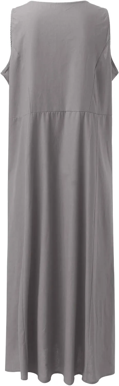 Sundresses for Women 2024 Casual Cotton Linen Maxi Dresses with Pockets Loose Solid Sun Dress Plus Size Summer Dress