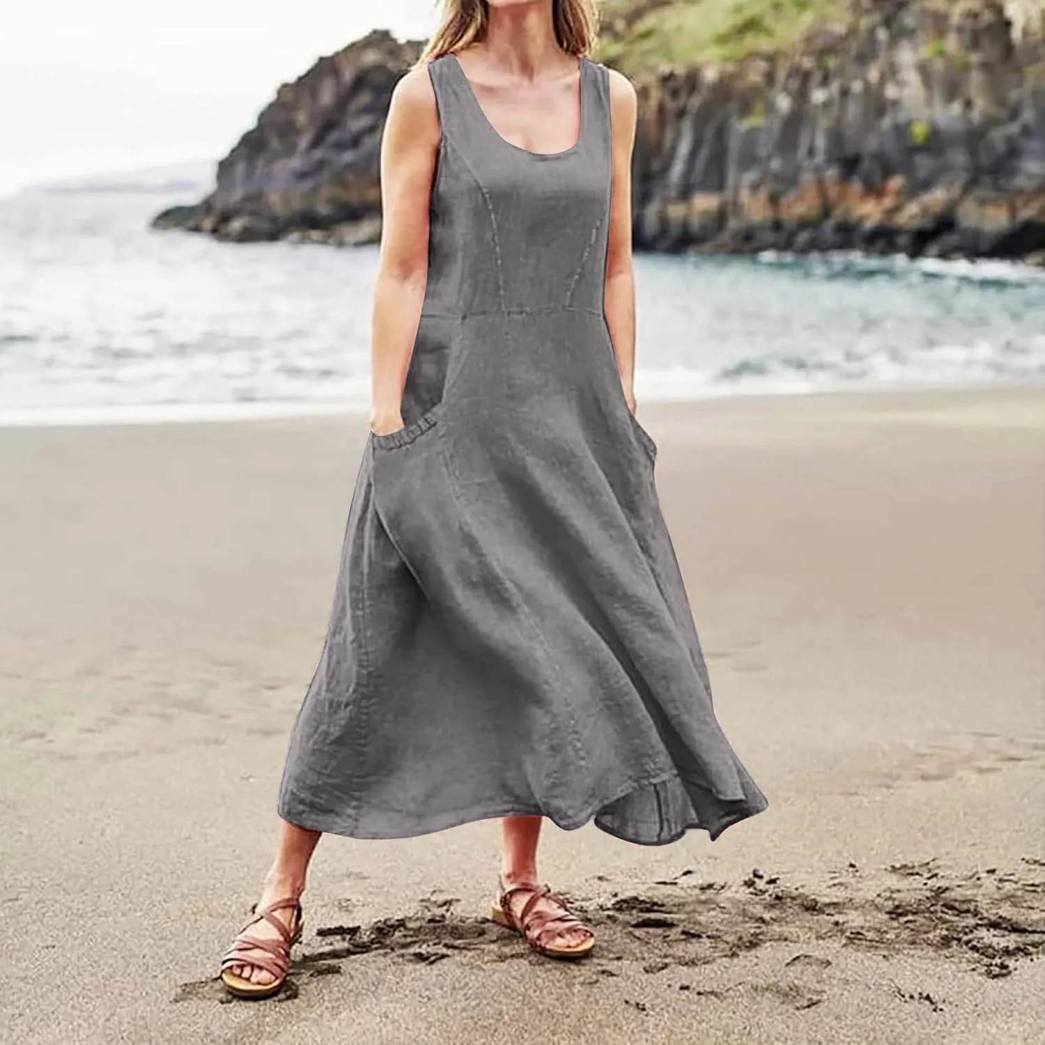 Sundresses for Women 2024 Casual Cotton Linen Maxi Dresses with Pockets Loose Solid Sun Dress Plus Size Summer Dress