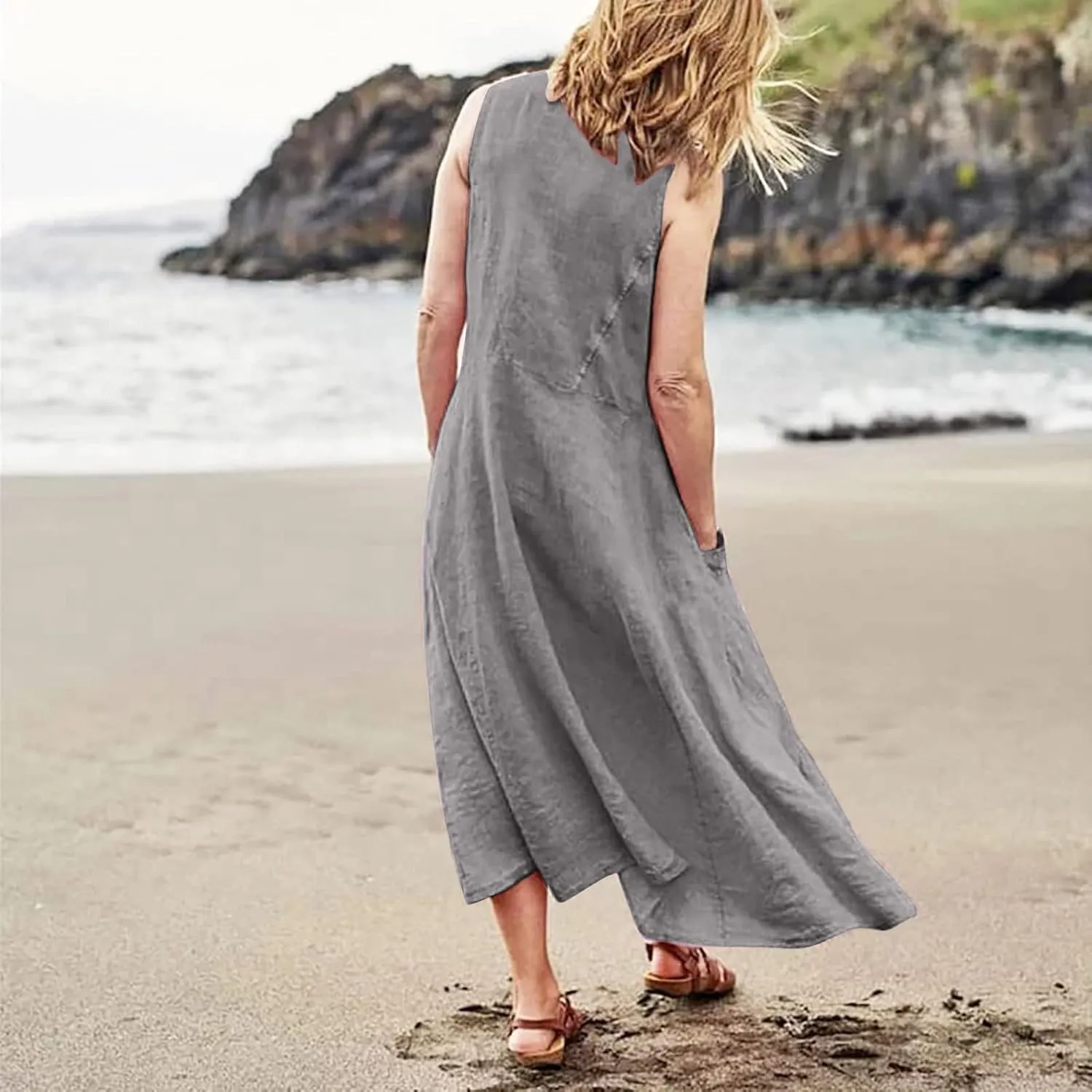 Sundresses for Women 2024 Casual Cotton Linen Maxi Dresses with Pockets Loose Solid Sun Dress Plus Size Summer Dress