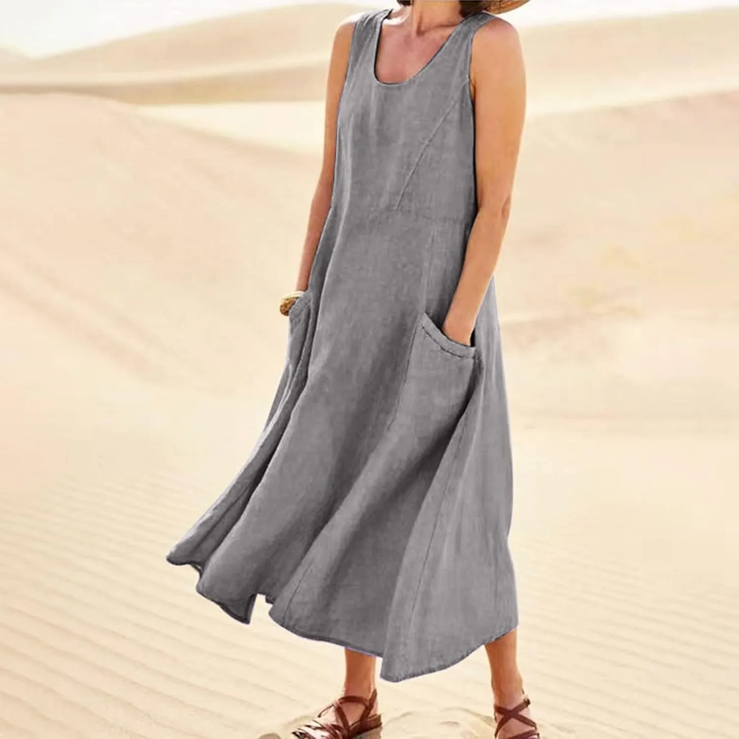Sundresses for Women 2024 Casual Cotton Linen Maxi Dresses with Pockets Loose Solid Sun Dress Plus Size Summer Dress