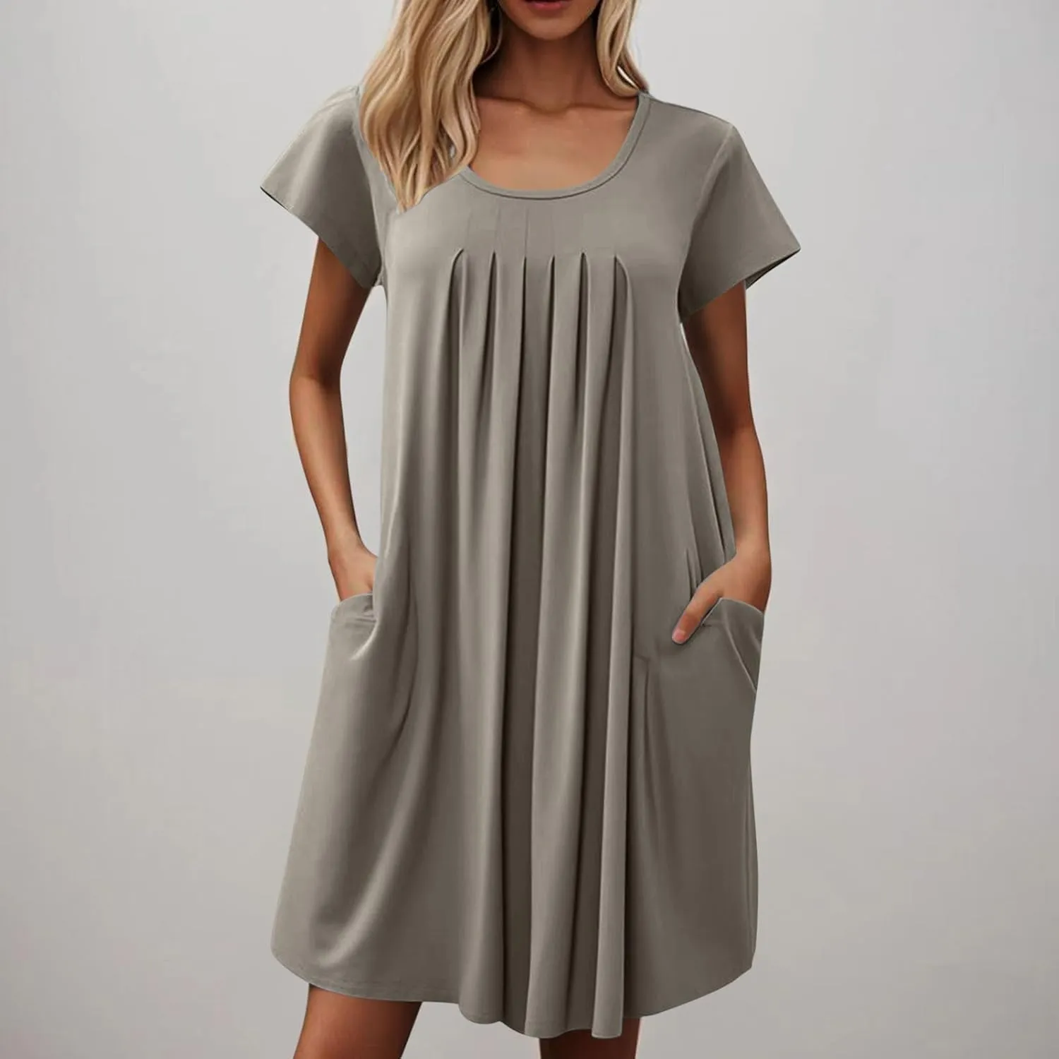 T Shirt Dresses for Women Casual Short Sleeve Loose Tunic Dress with Pockets Summer Pleated Swing Outfits
