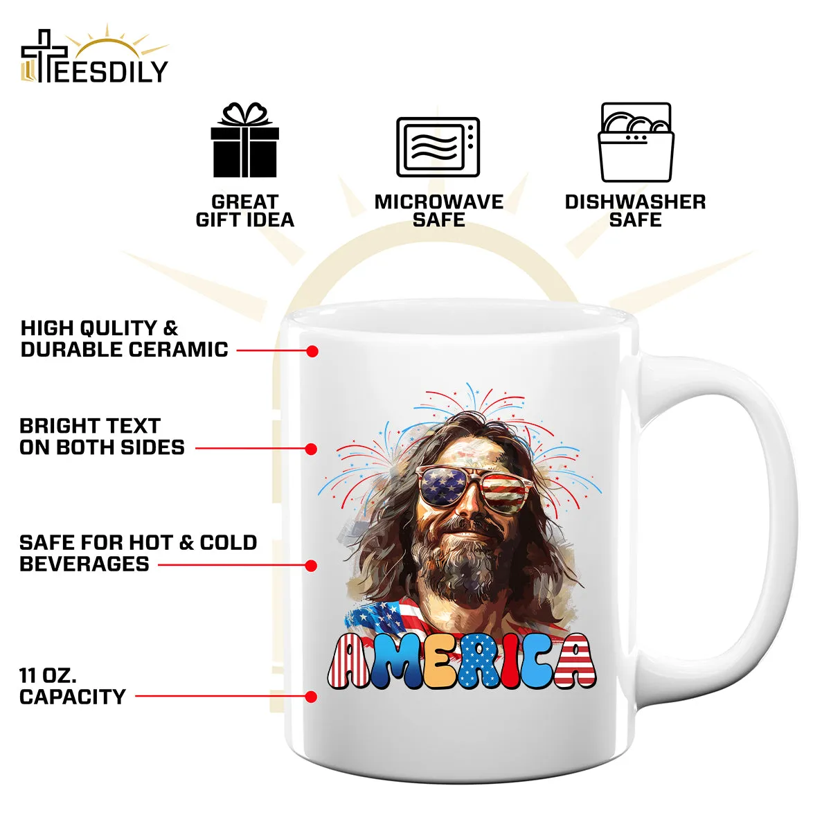 Teesdily | Cool Jesus American Flag T-shirt, Christina God American Sweatshirt, Happy Independence Day Gift, Christian Mug Cup, Father's Day Shirt