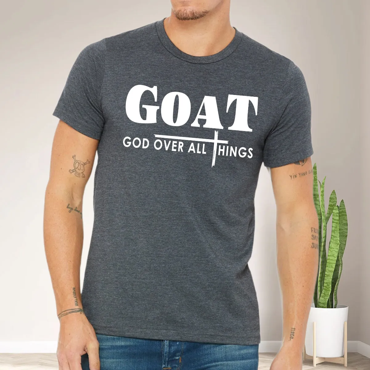 Teesdily | God Cross Shirt, Goat God Over All Things Tee Sweatshirt Hoodie Mug, Jesus Cross Lovers Shirt, Christian Apparel Gifts