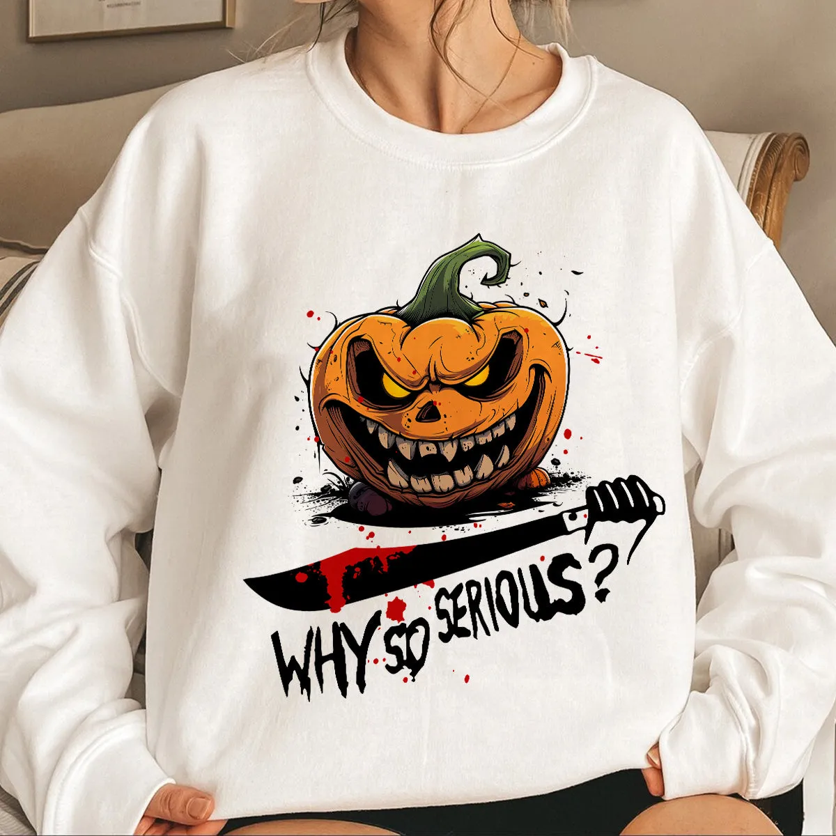 Teesdily | Halloween Scary Pumpkin Shirt, Why So Serious T-shirt, Evil Pumpkin Serious Sweatshirt Hoodie Mug, Halloween Outfit Holiday Gifts