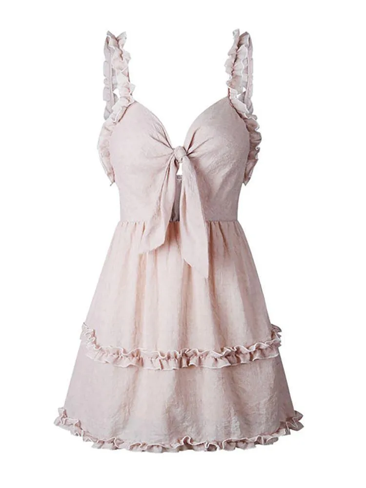 Tie-Front Nude Cute Short Casual Dress