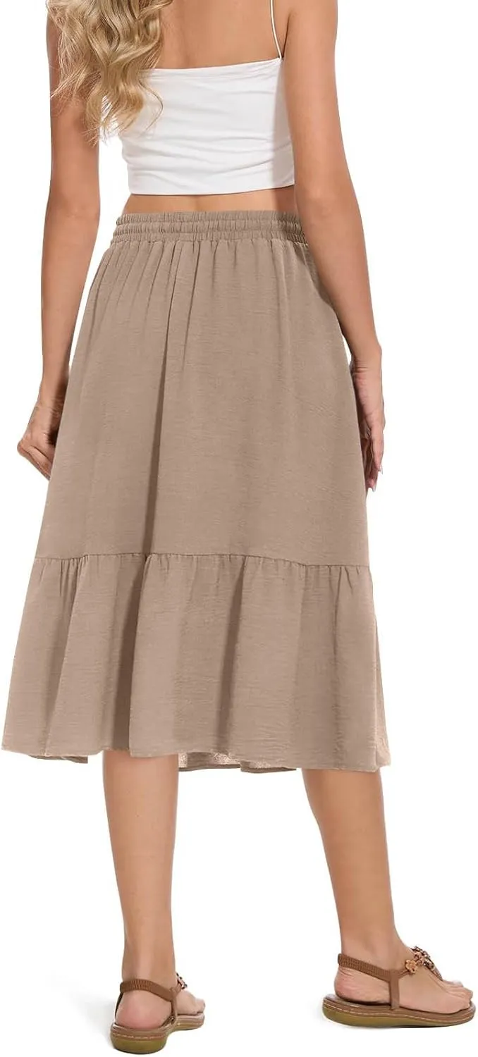 Women Beach Skirts with Pockets Elastic Waist Bohemian Midi Skirt Mid-Calf Length Ruffle Half Dress 2025 New