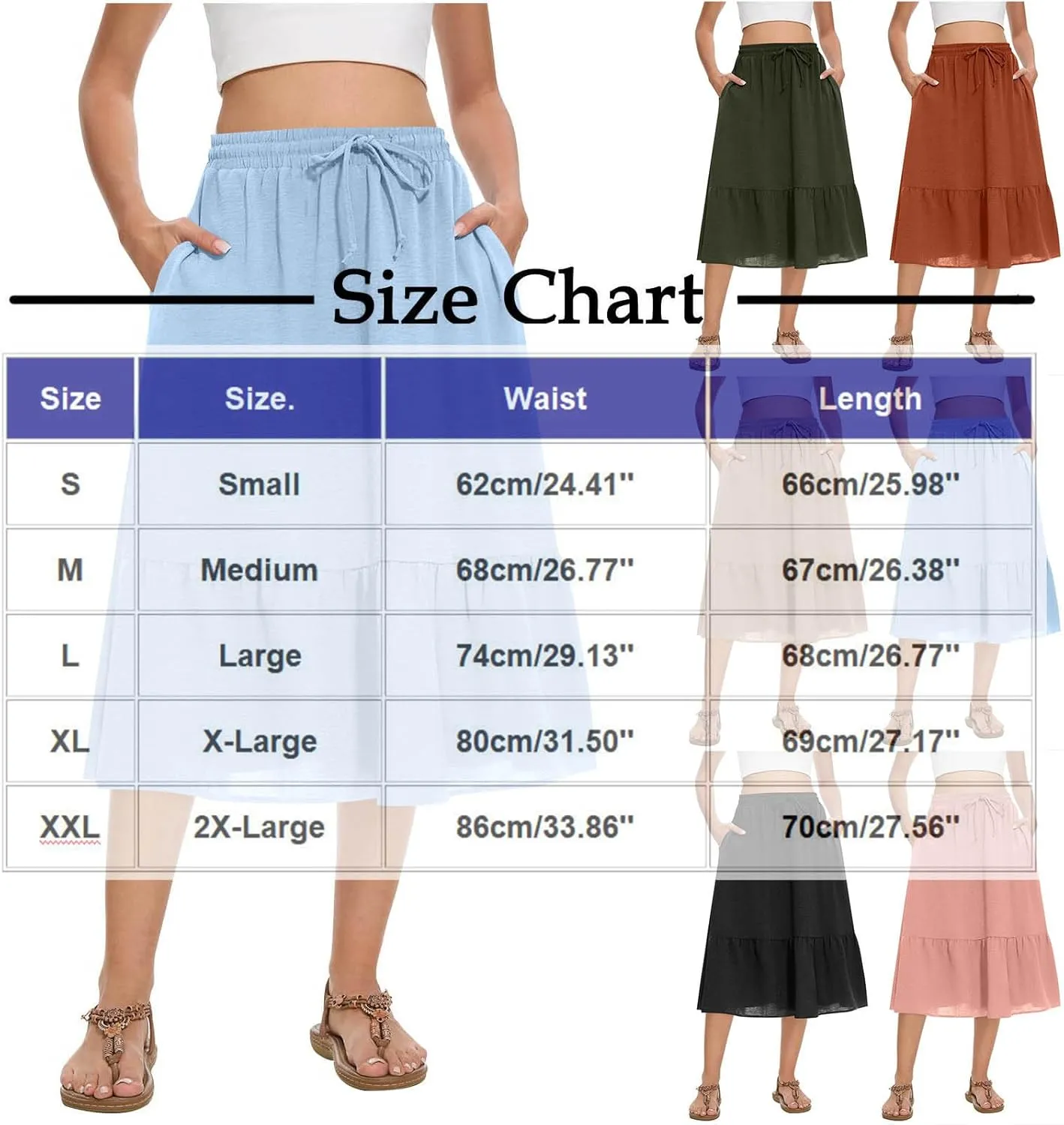 Women Beach Skirts with Pockets Elastic Waist Bohemian Midi Skirt Mid-Calf Length Ruffle Half Dress 2025 New