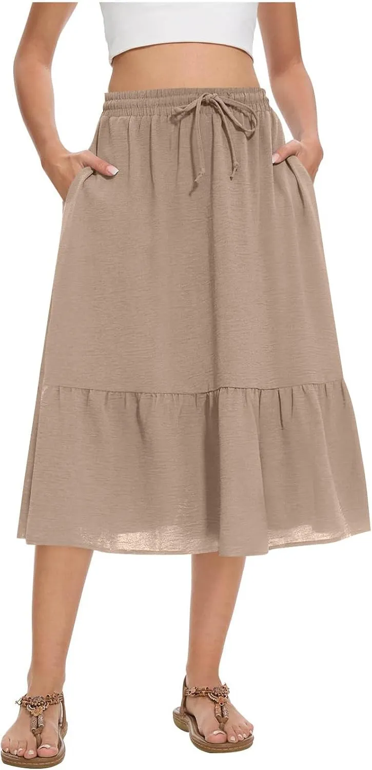 Women Beach Skirts with Pockets Elastic Waist Bohemian Midi Skirt Mid-Calf Length Ruffle Half Dress 2025 New