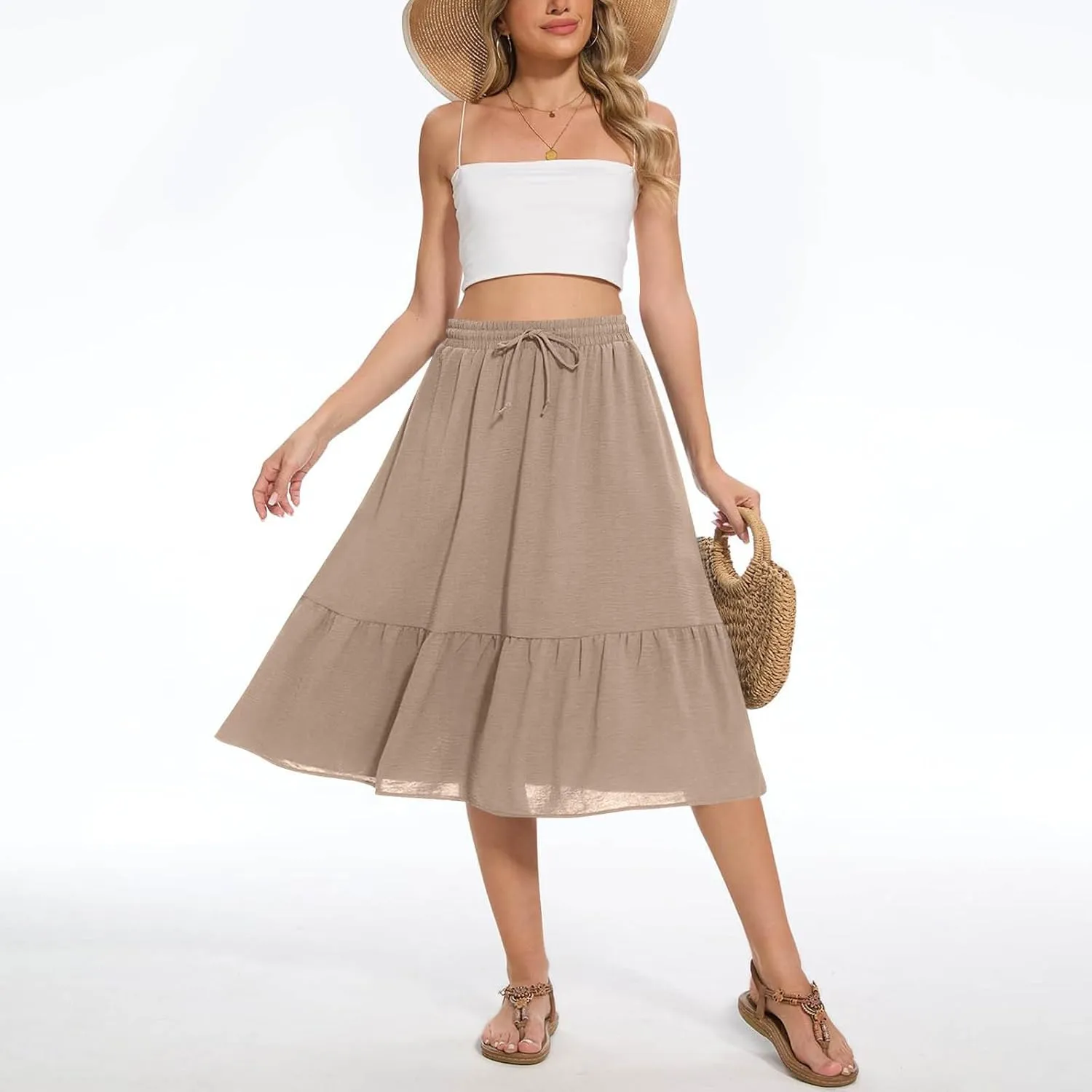 Women Beach Skirts with Pockets Elastic Waist Bohemian Midi Skirt Mid-Calf Length Ruffle Half Dress 2025 New