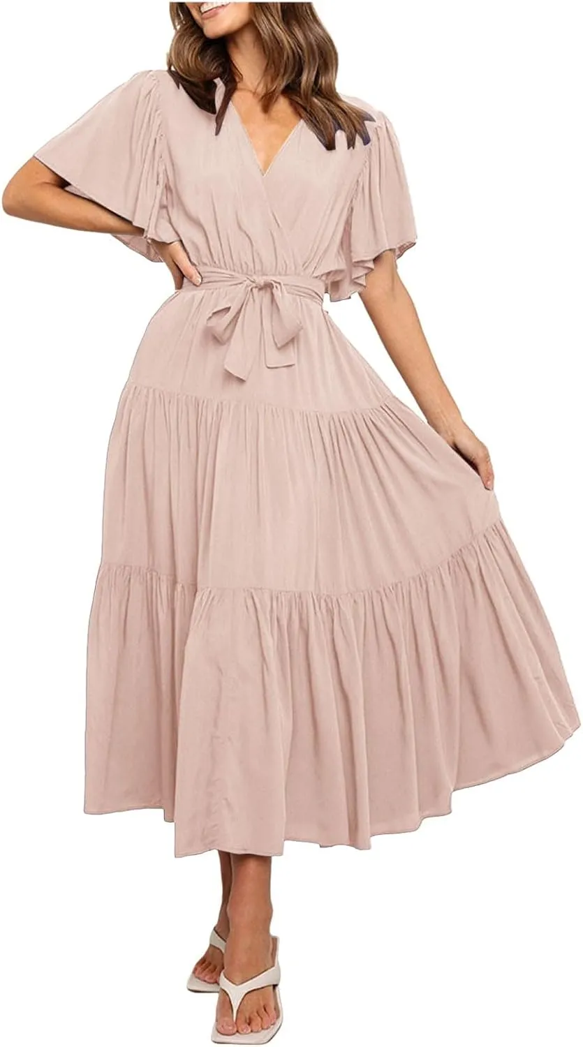 Women Summer Bohemian Floral Casual Wrap V Neck Ruffle Cap Short Sleeve Belt A-Line Pleated Hem Midi Sun Dress