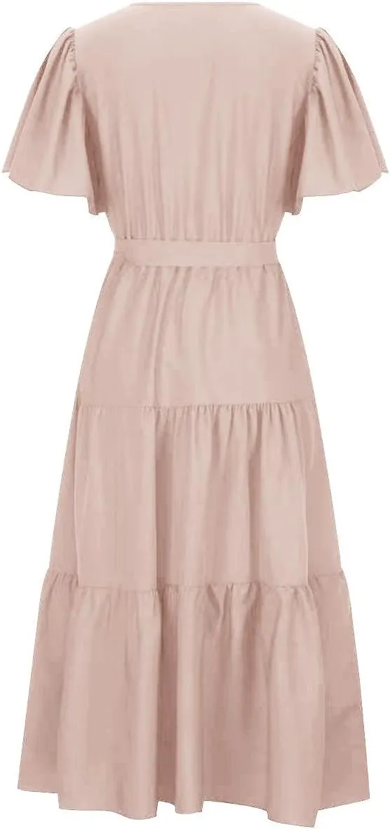 Women Summer Bohemian Floral Casual Wrap V Neck Ruffle Cap Short Sleeve Belt A-Line Pleated Hem Midi Sun Dress