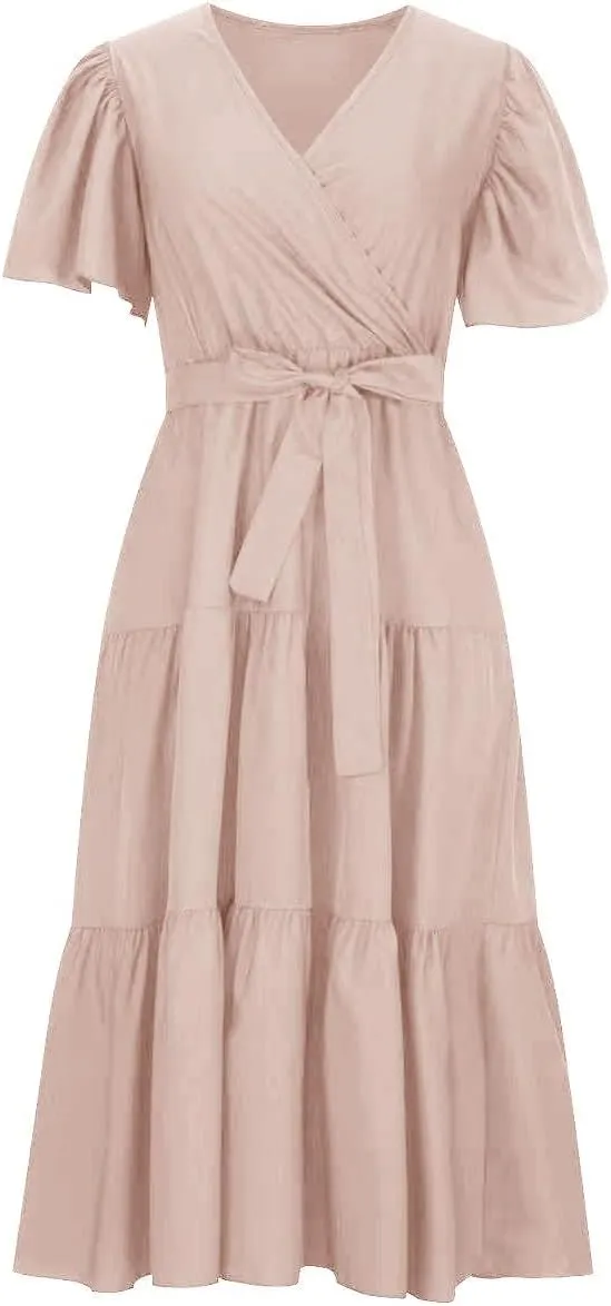 Women Summer Bohemian Floral Casual Wrap V Neck Ruffle Cap Short Sleeve Belt A-Line Pleated Hem Midi Sun Dress