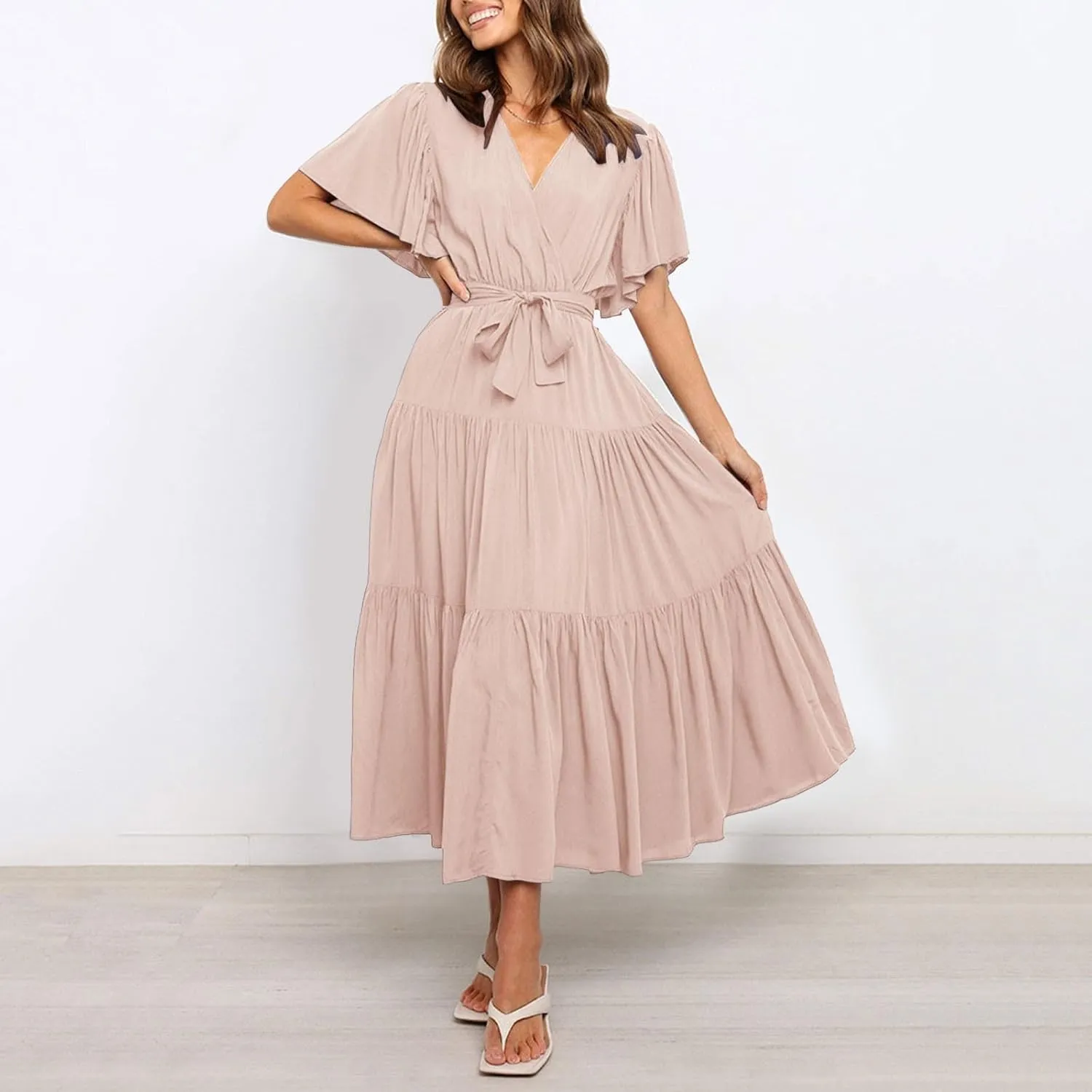 Women Summer Bohemian Floral Casual Wrap V Neck Ruffle Cap Short Sleeve Belt A-Line Pleated Hem Midi Sun Dress