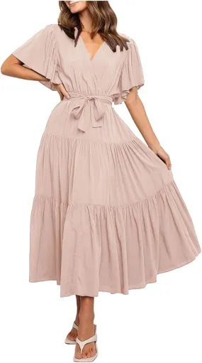 Women Summer Bohemian Floral Casual Wrap V Neck Ruffle Cap Short Sleeve Belt A-Line Pleated Hem Midi Sun Dress